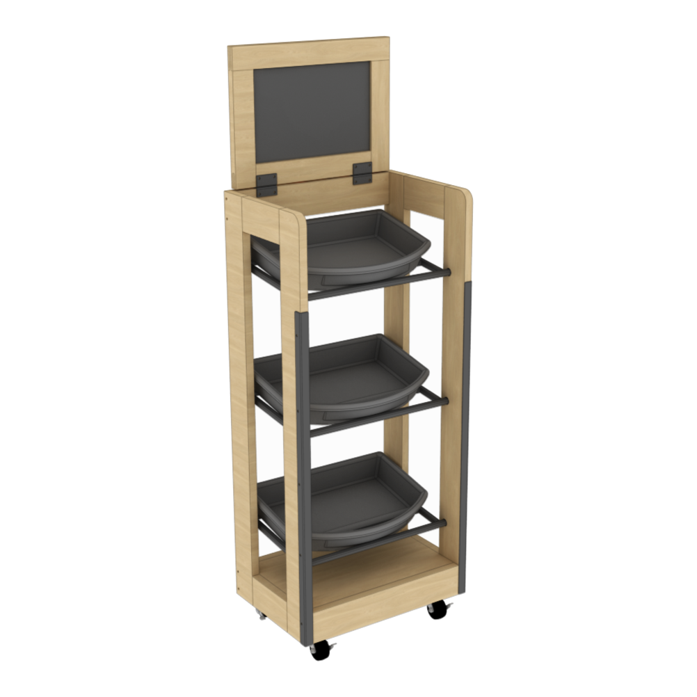A 3-shelf rolling rack with plastic bins on the shelves and a chalkboard attachment on the top of the rack