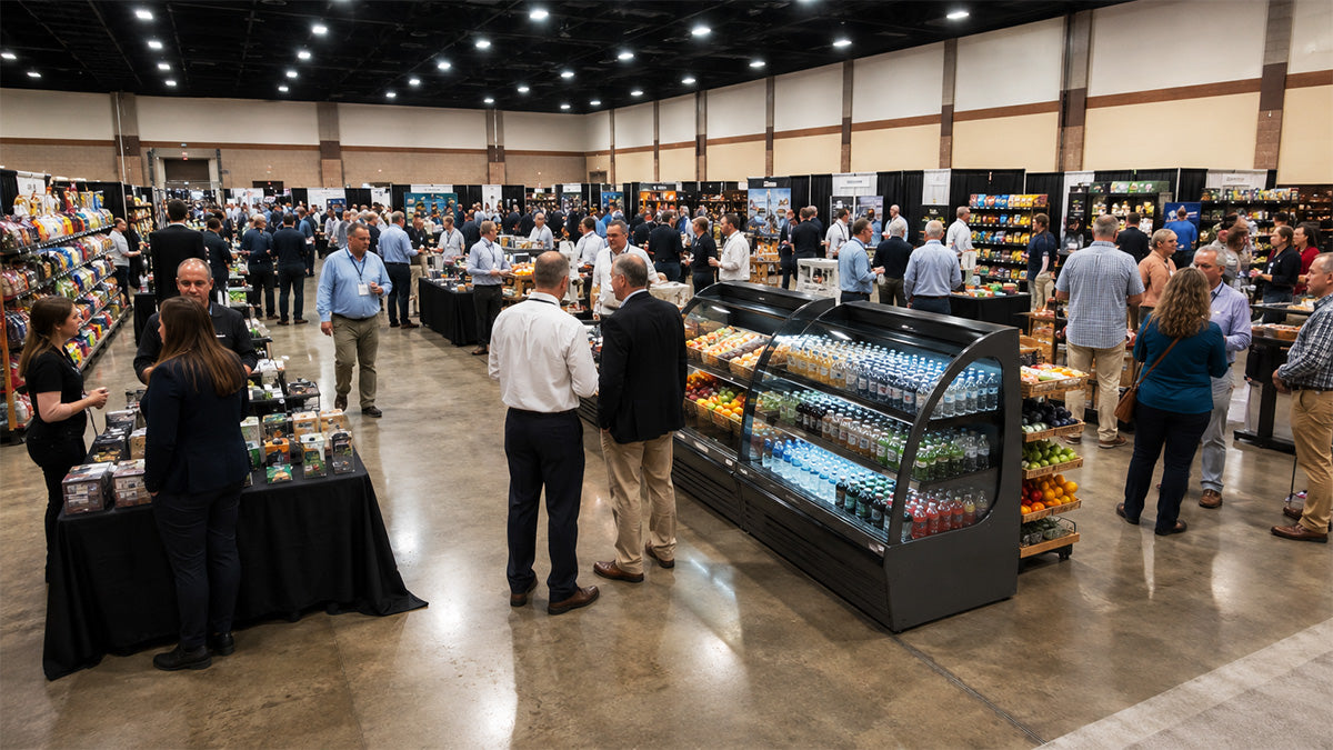 Busy trade show floor with grocery store retail displays