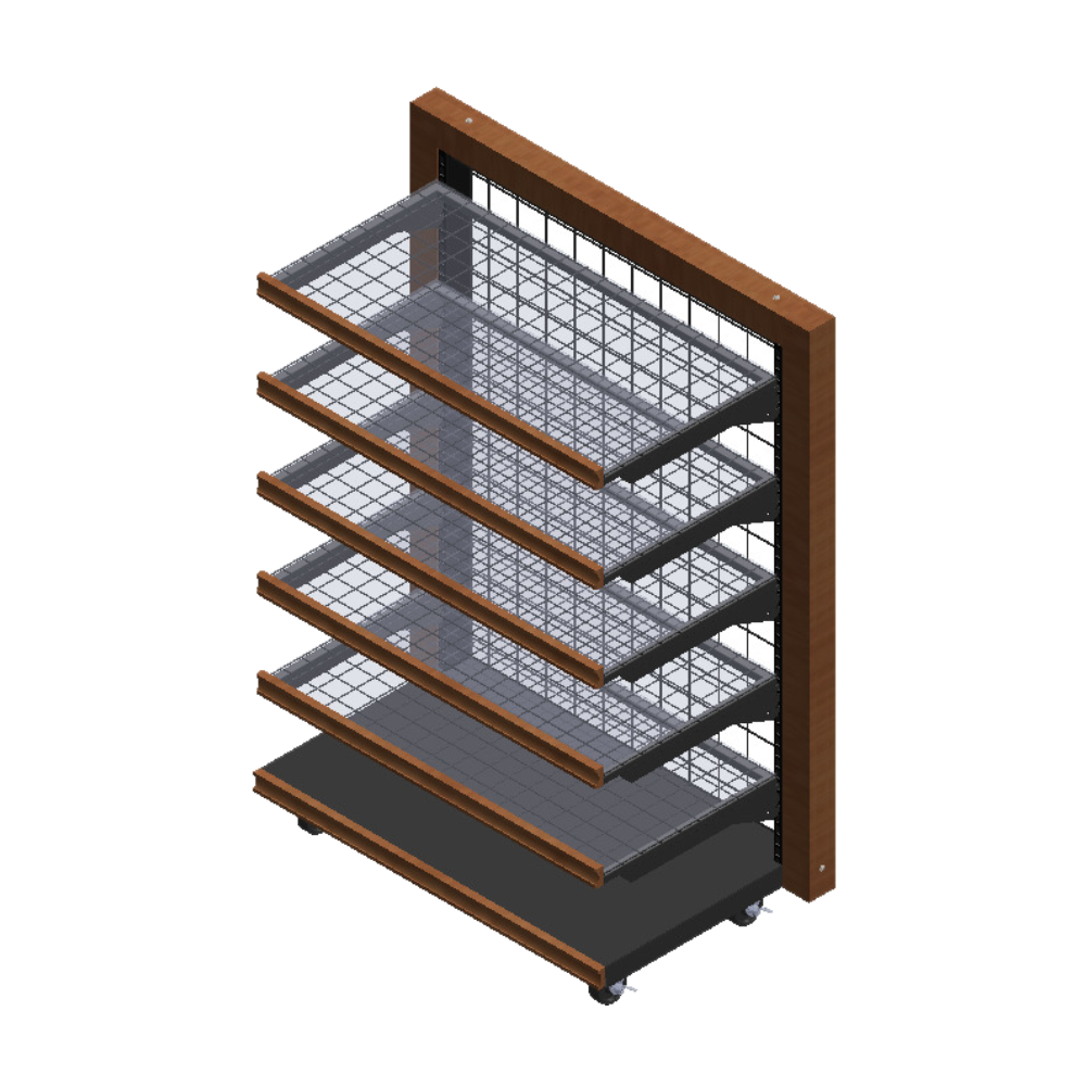 Wooden shelving unit with wire baskets on a white background