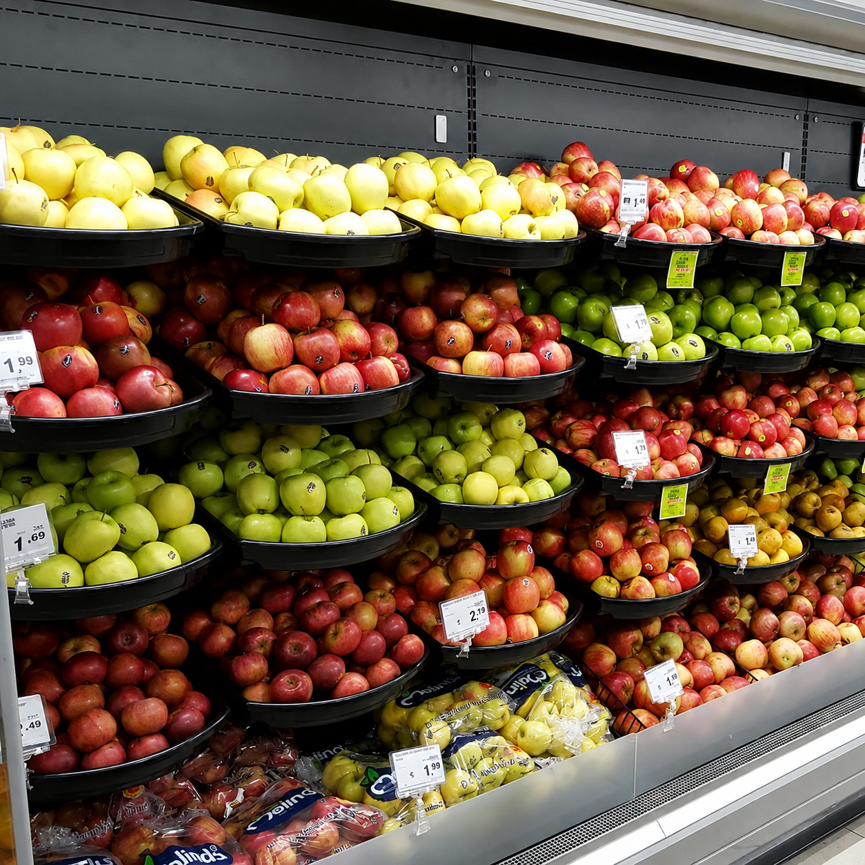 A grocery store produce display case filled with multiple varieties of apples in black trays, including red, yellow, green, and orange apples, with price tags visible.