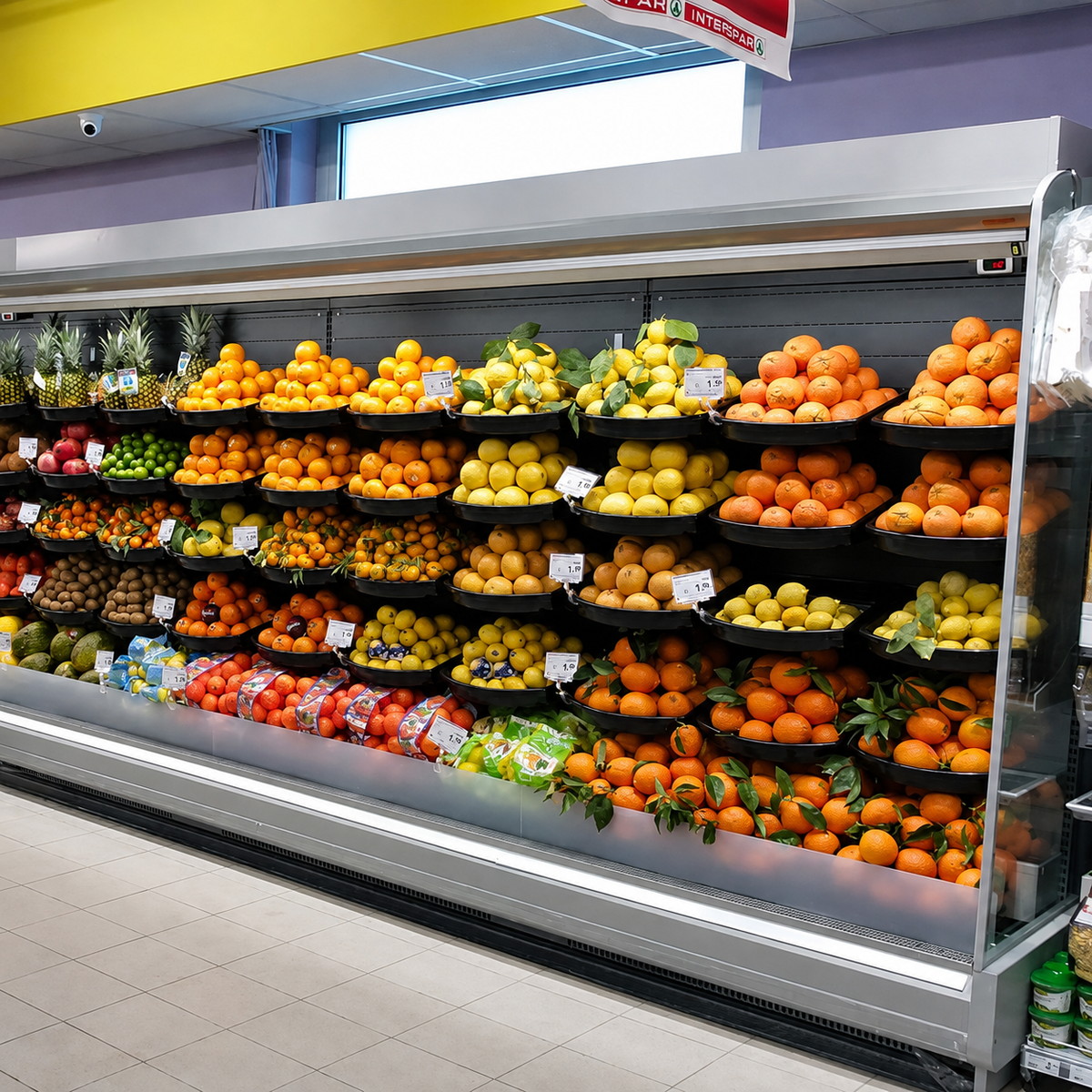 A large refrigerated produce display case in a grocery store, filled with fresh fruits including oranges, lemons, pineapples, apples, and berries on black shelves.