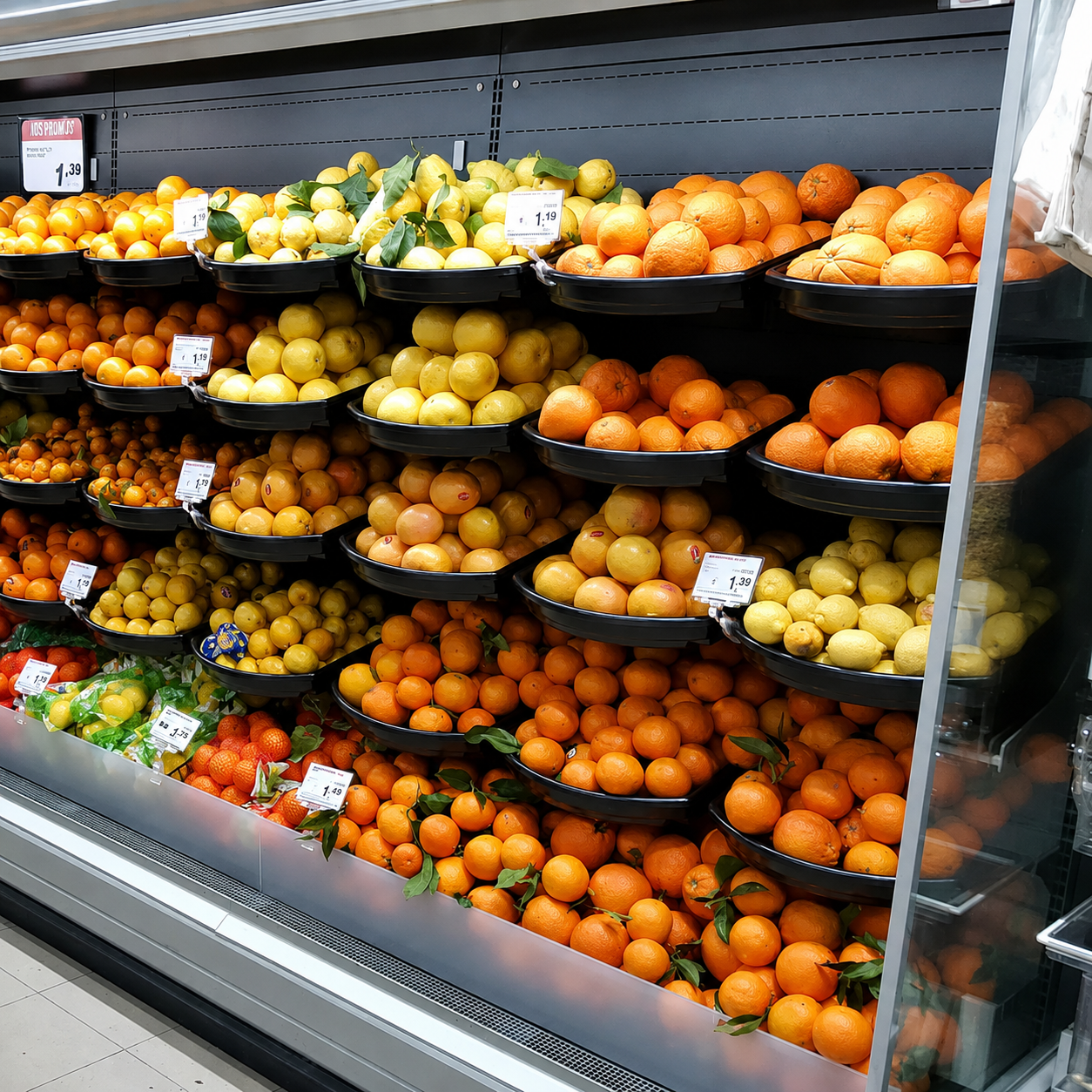 A grocery store produce display case filled with trays of citrus fruits, including oranges, mandarins, and lemons, arranged by color and type.