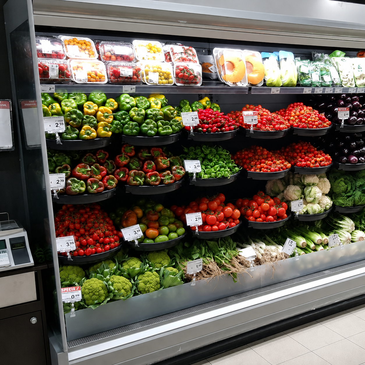 A grocery store produce display case filled with fresh vegetables including red bell peppers, tomatoes, broccoli, cauliflower, cucumbers, and packaged fruit on the top shelf.