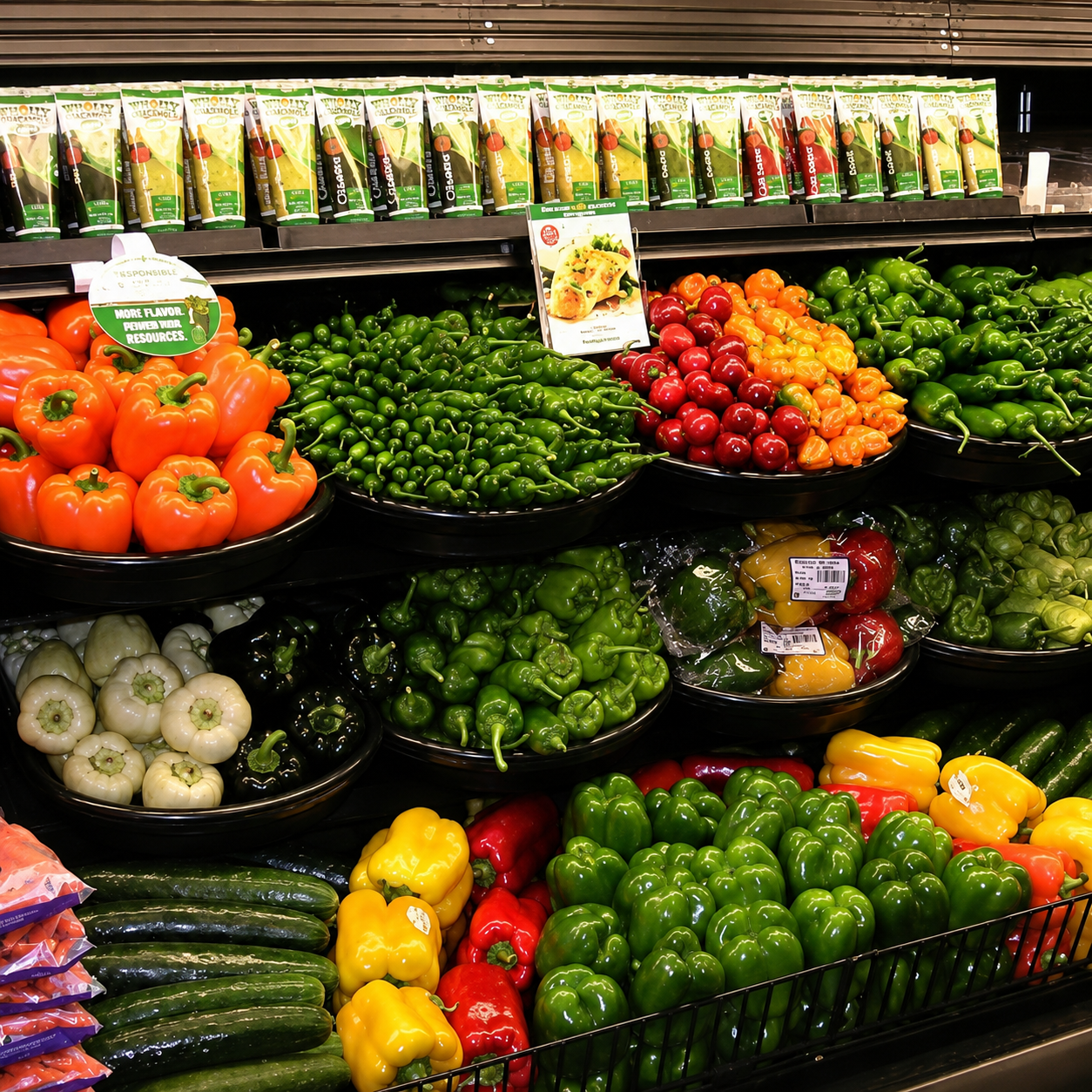 A grocery store produce display shelf stocked with fresh bell peppers, cucumbers, jalapeños, tomatoes, and packaged vegetables. The shelves are filled with colorful produce including red, yellow, green, and orange peppers, along with packaged items on the top shelf.