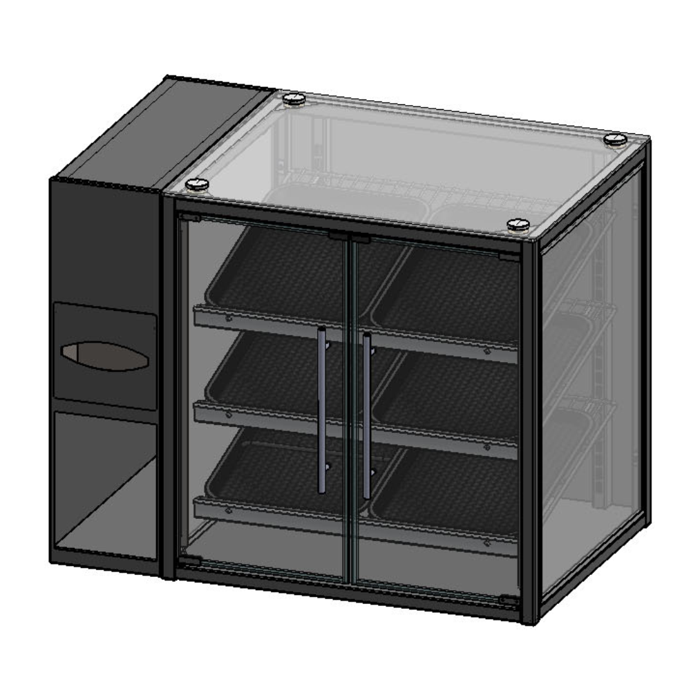Black glass-fronted cabinet with shelves on a white background