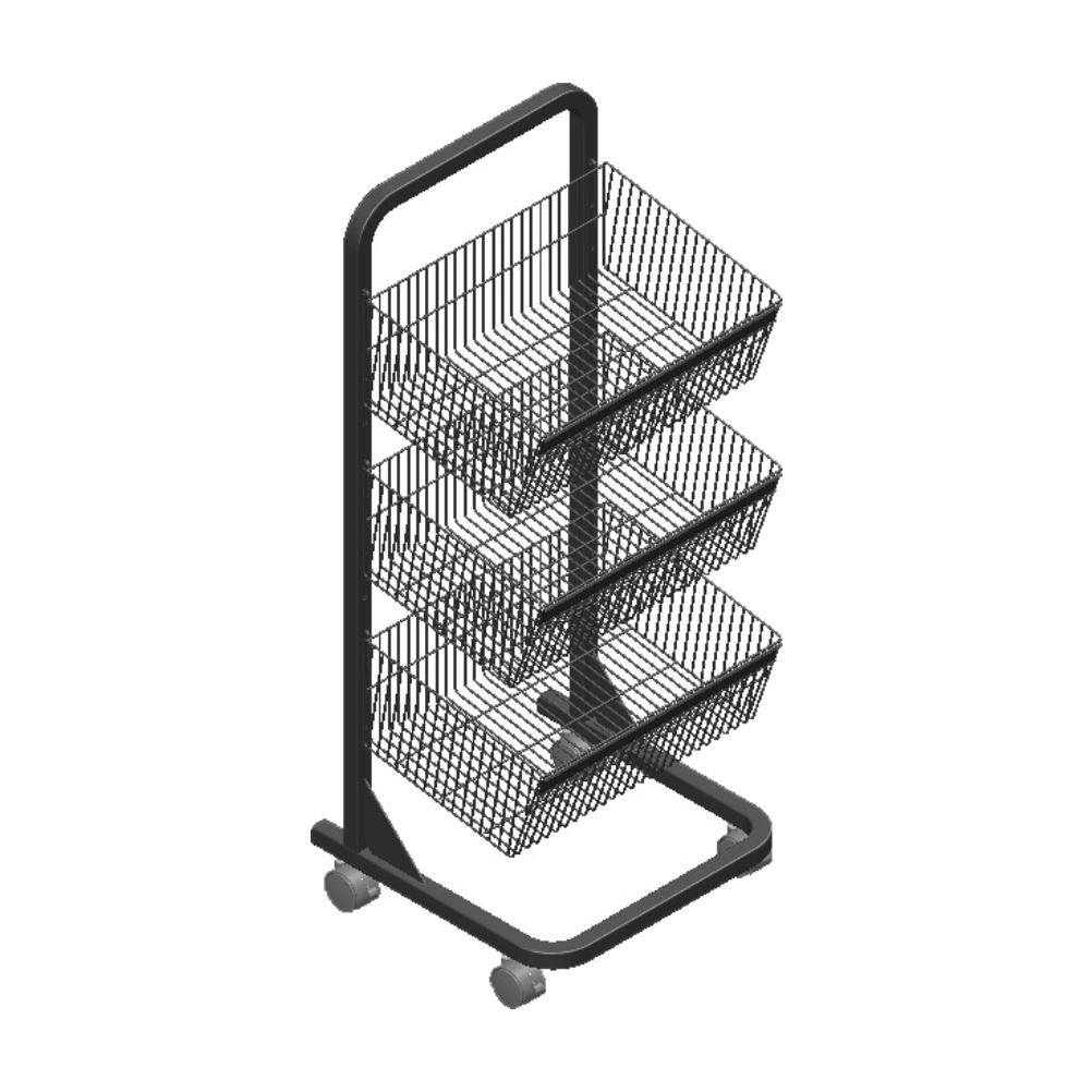 Black metal wire basket cart with three tiers on a white background