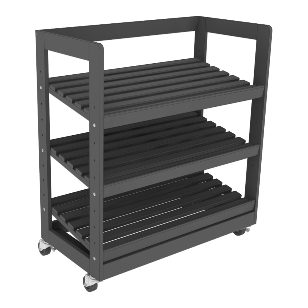 A 3-shelf wooden mobile rack with slatted shelves