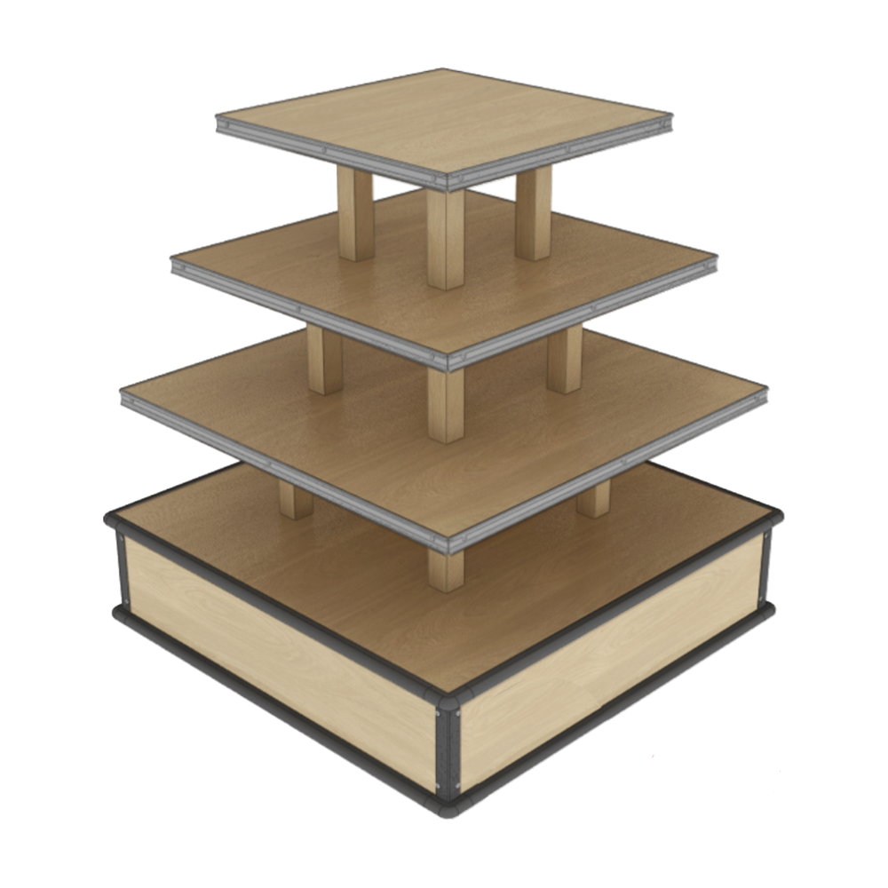 A four-tier wooden display stand or bookshelf with a light wood grain finish and dark metal corner brackets, shown on a plain white background.