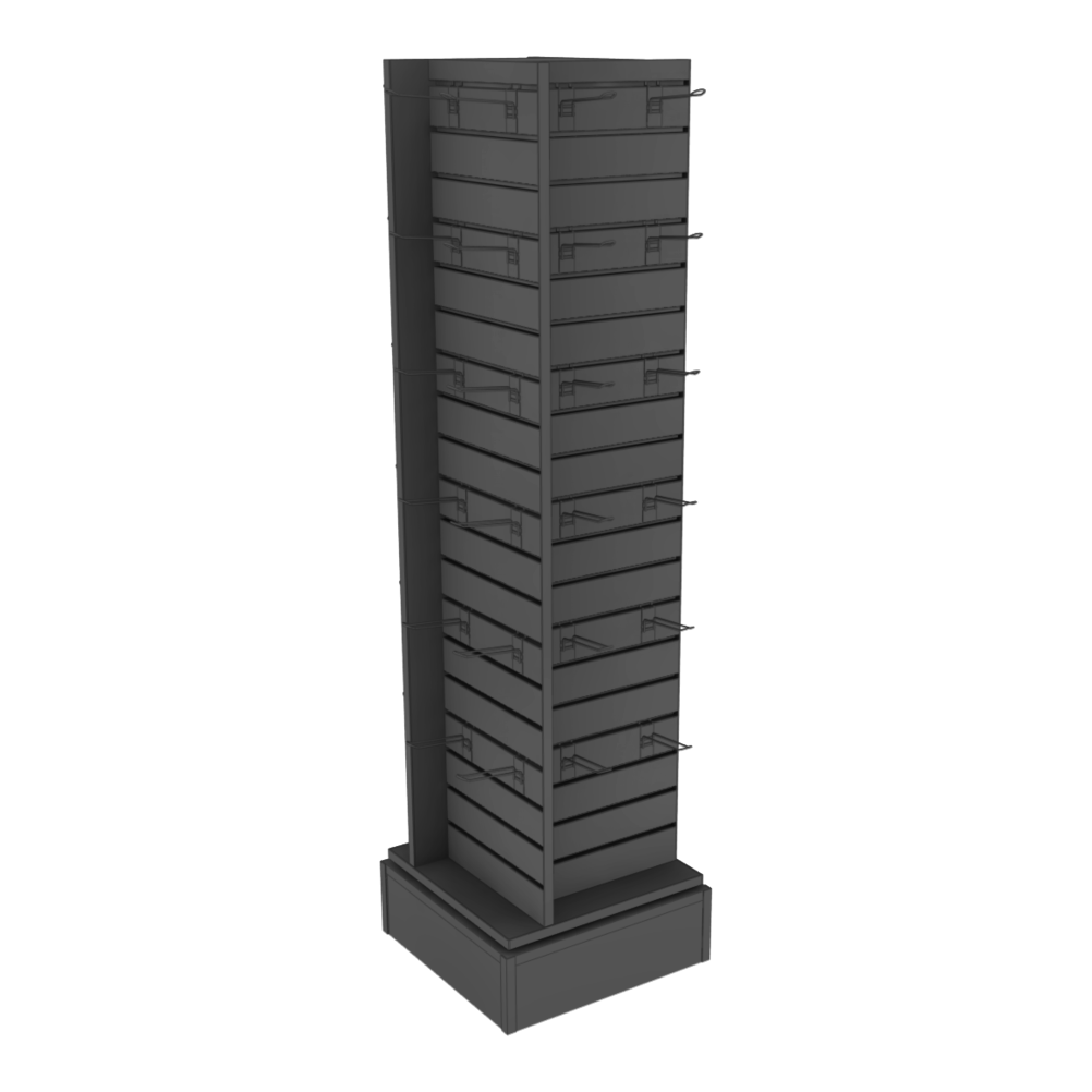 A tall narrow 360 degree turntable merchandiser with adjustable metal hooks