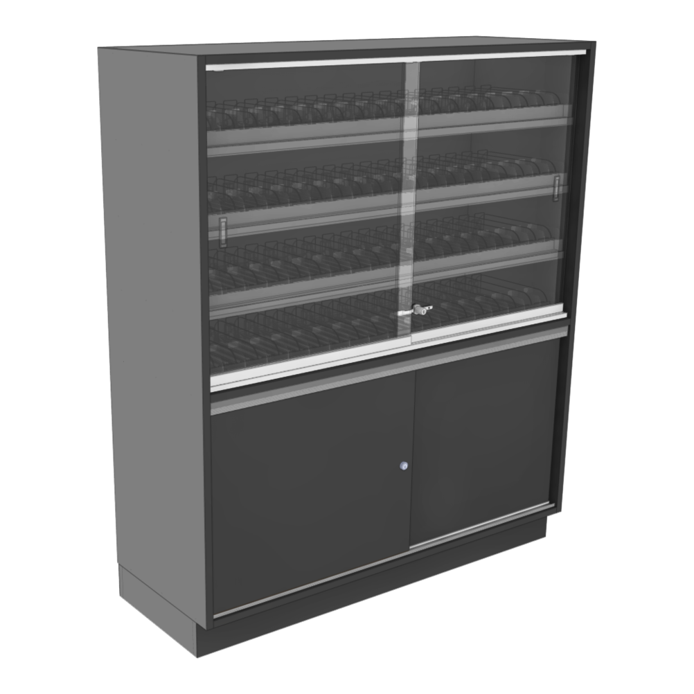 A dark gray cigarette display cabinet with two glass-front upper doors showing multiple rows of boxes, and two lower solid doors, photographed on a plain white background.
