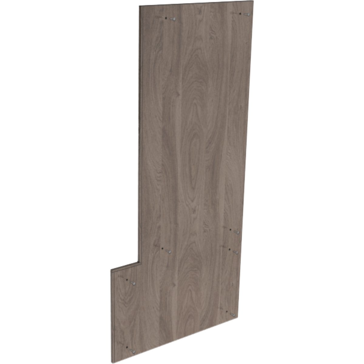 A single L-shaped wooden panel with a medium brown wood grain finish, shown at an angle on a plain white background.