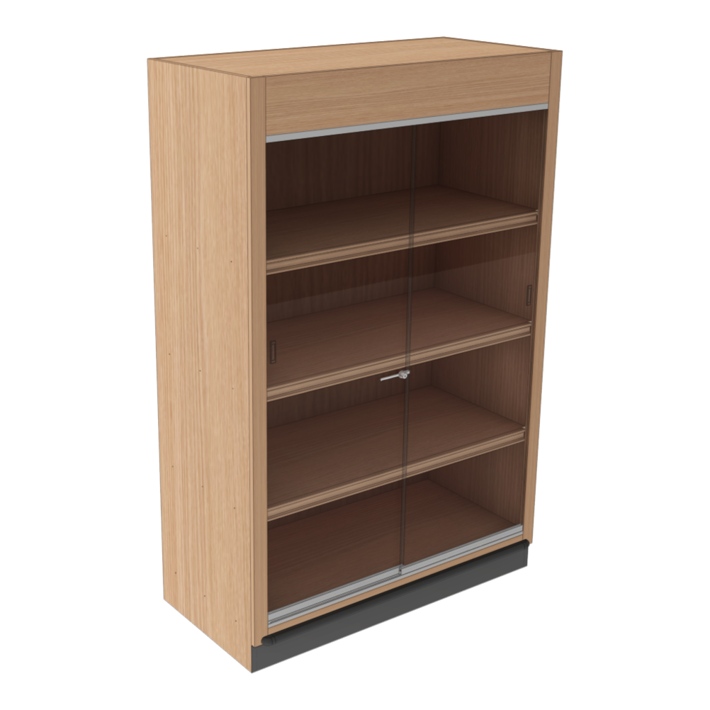 A 4-shelf wooden wine cabinet with locking glass doors in front of a white background