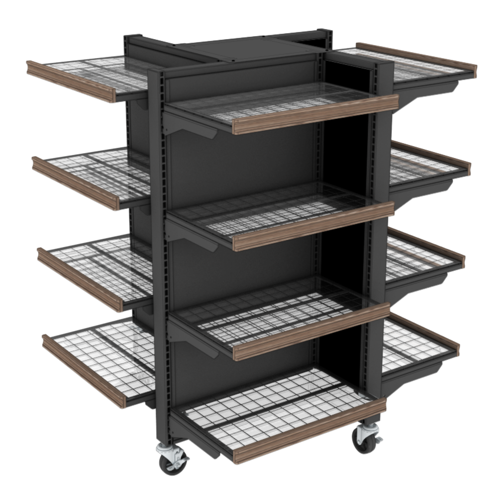 A 4-way metal rack with adjustable shelves in front of a white background