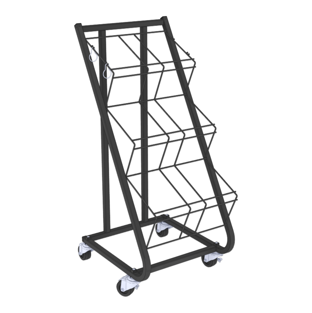 A black metal wire magazine rack on a wheeled cart base, shown on a plain white background.