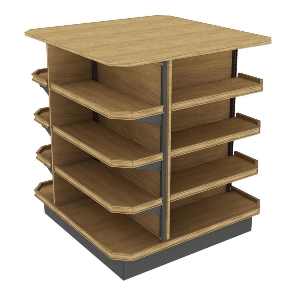 A wooden 360 degree shelf merchandiser