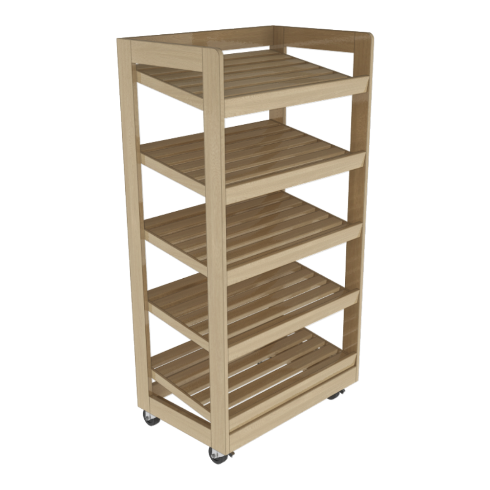Wooden utility cart with four shelves on a white background