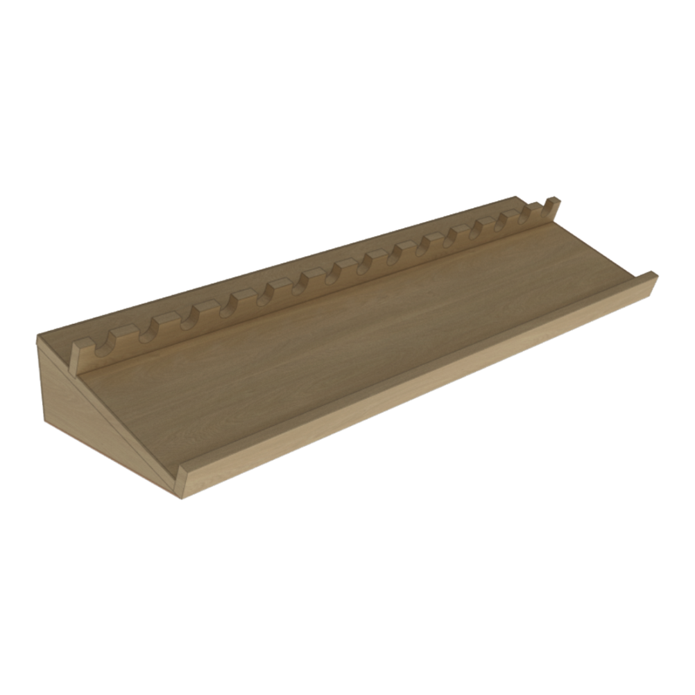 Wooden shelf with multiple hooks on a white background