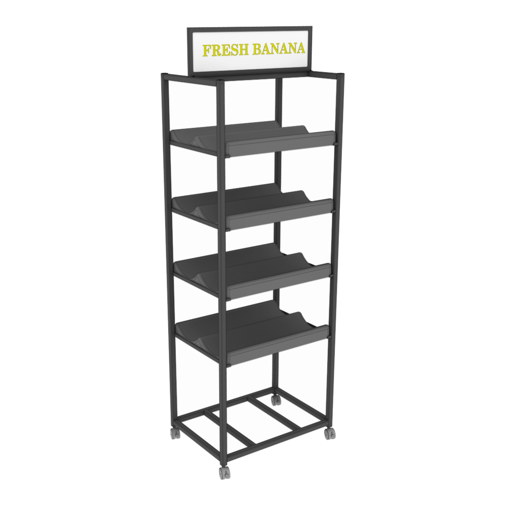 A five-tier black metal display rack on casters, featuring a white sign on top with yellow text reading 'FRESH BANANA'.