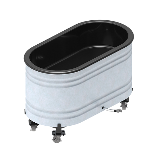 A black, cylindrical produce display bin with caster wheels for mobility.